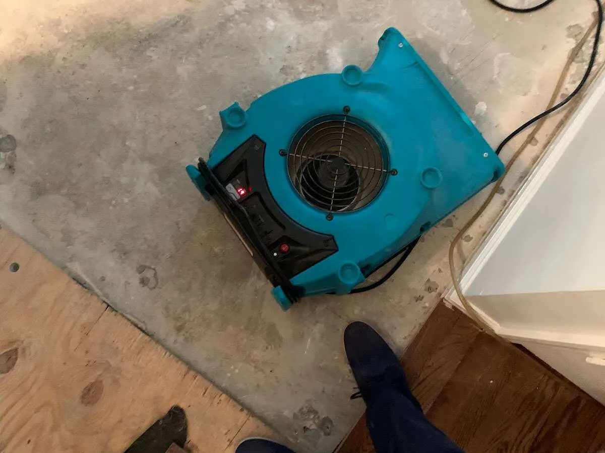 Air mover drying subfloor during Commercial Water Damage Restoration in Grandview